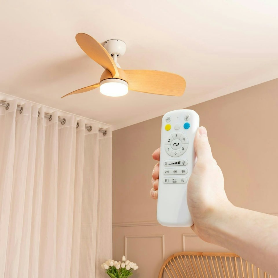 image 1 of ValueLights Ceiling Fans Dimmable Oak Effect Natural Ceiling Fan Light with White Shade and Integrated LED 24W Neutral White 6500K Bulb