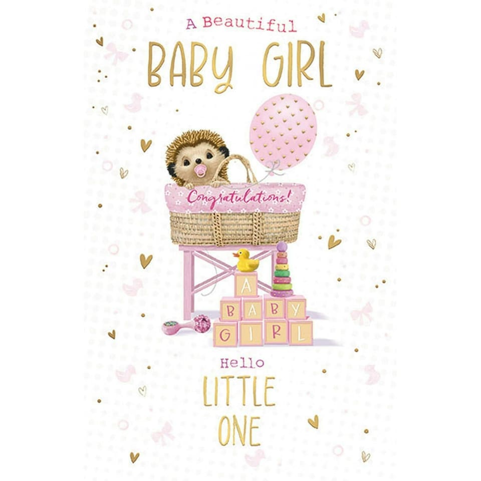 Words 'n' Wishes Traditional Beautiful Baby Girl Birth Card, Hedgehog Pink Design, Gold Foil Finish