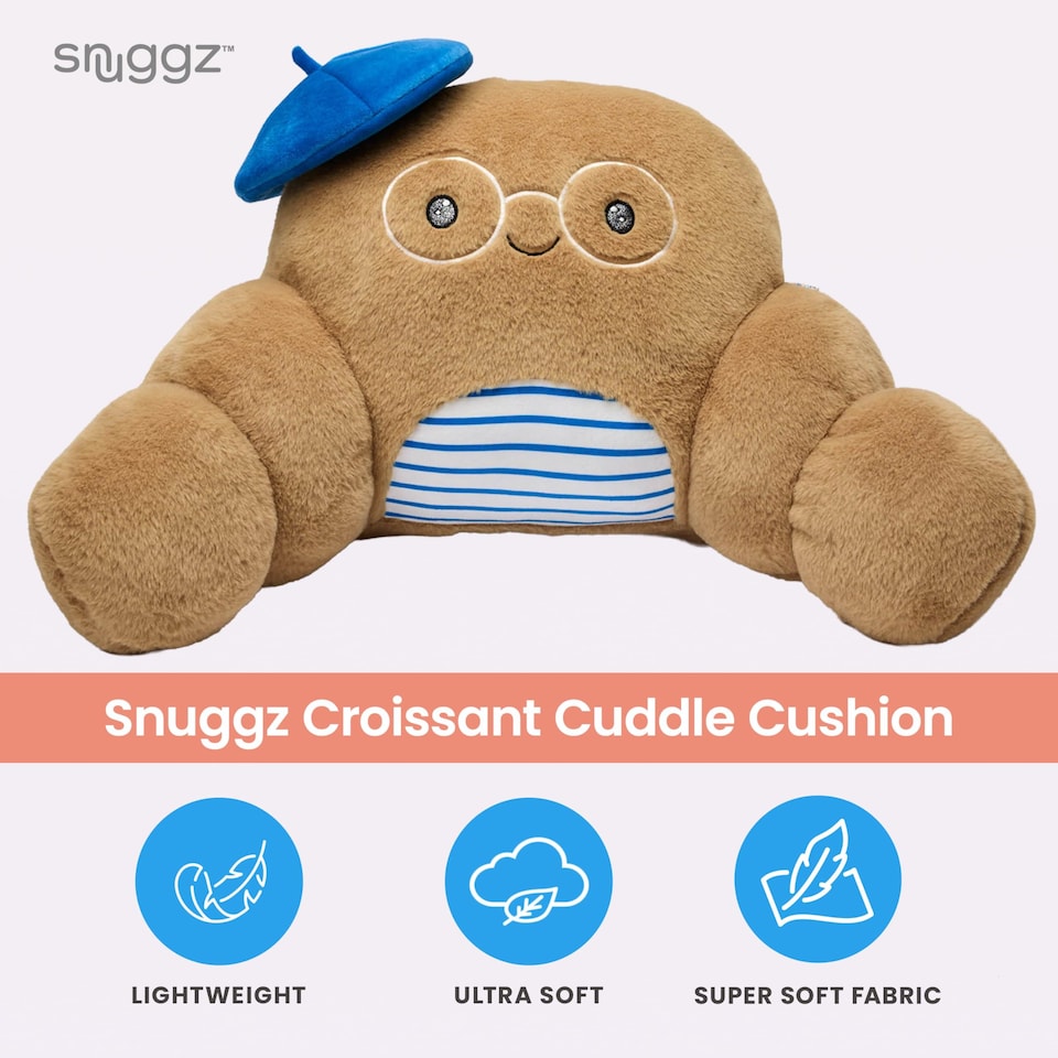 image 1 of Snuggz Croissant Cuddle Cushion with Side Pocket with Carry Handle 3D Novelty Design Back Support Soft Cosy Bed Pillow - 59 x 36 x 34 cm