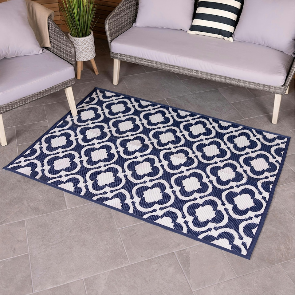 image 1 of Charles Bentley Blue Patterned Weatherproof Rug 120x170cm