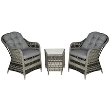 Outsunny 3 Pieces Rattan Bistro Set, Wicker Garden Bistro Set, Glass Top Balcony Table and Chairs with Cushions for Outdoor, Patio, Balcony, Grey