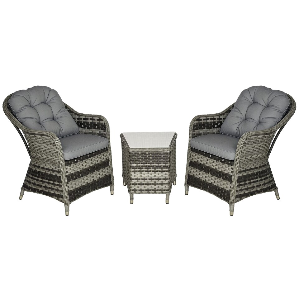 image 1 of Outsunny 3 Pieces Rattan Bistro Set, Wicker Garden Bistro Set, Glass Top Balcony Table and Chairs with Cushions for Outdoor, Patio, Balcony, Grey