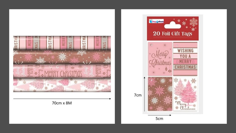 image 1 of Christmas Gift Wrapping Paper 4 x 8M Rolls And Gift Tags Rose Gold Blush Pink