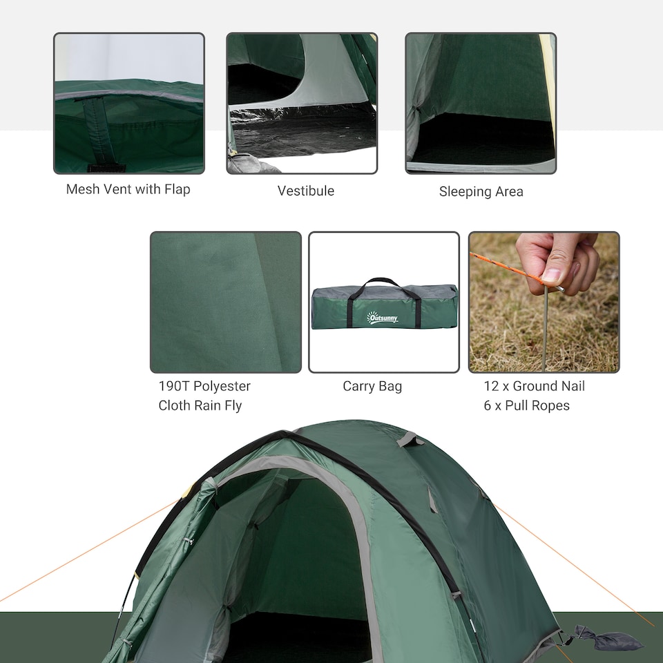 image 1 of Outsunny Compact Camping Tent with Vestibule & Mesh Vents for Hiking Green