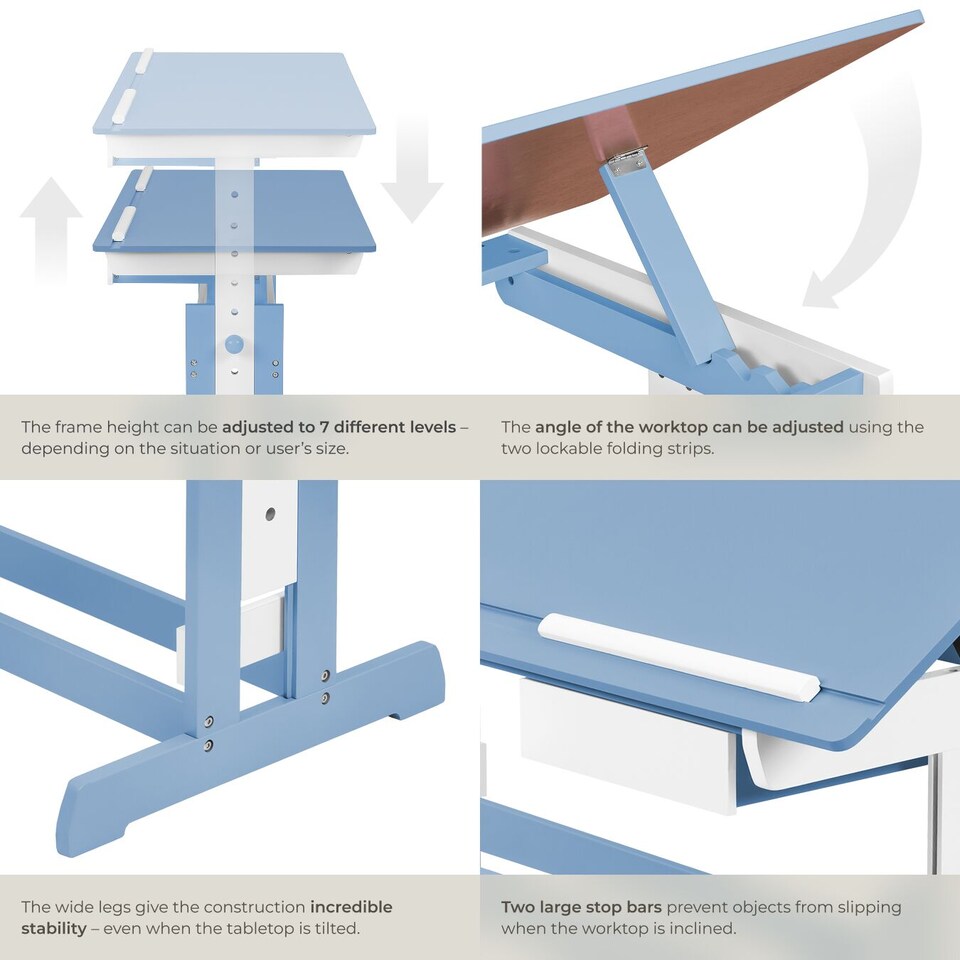 image 1 of Desk - for children, wooden, tiltable tabletop, 7 height settings, with drawer | Blue | blue | 109 x 55 x 94 cm | 1