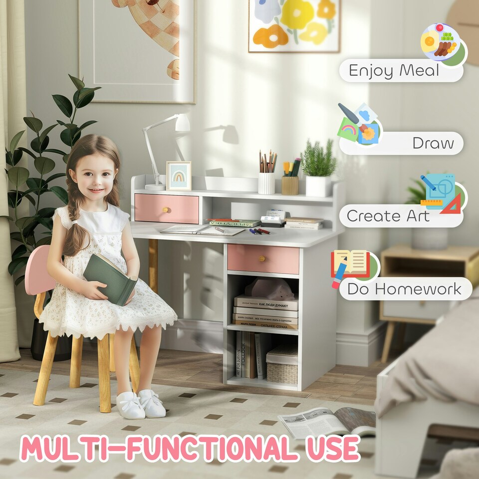 image 1 of AIYAPLAY Kids Desk and Chair Set for Studying, Reading, Drawing, Pink