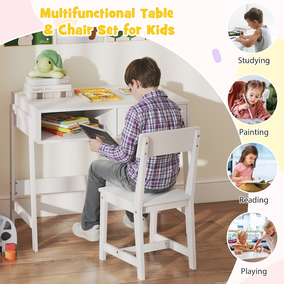 image 1 of COSTWAY Kids Desk and Chair Set with Drawer White