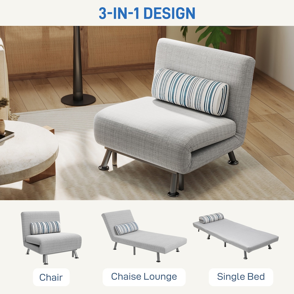 image 1 of HOMCOM Convertible Chair Bed, 3-in-1 Linen Sleeper Chair with Adjustable Backrest, Pillow, for Living Room, Bedroom, Light Grey