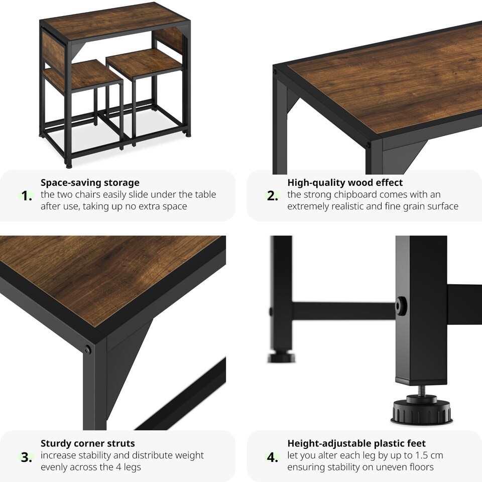 image 1 of Dining Table and Chairs Milton - 3-piece set | Brown | Industrial wood dark, rustic | 1