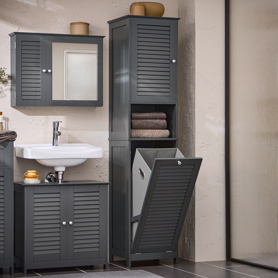 image 1 of SoBuy BZR124-DG,Tall Bathroom Storage Cabinet with Laundry Basket | Grey | Grey | 1