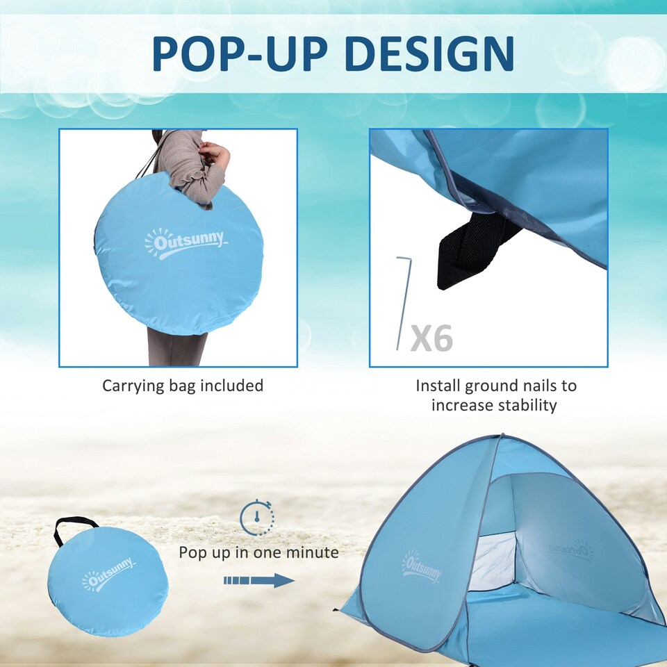 image 1 of Outsunny 2-3 Person Pop up Tent Instant Camping Tent Sun Shade Shelter Blue