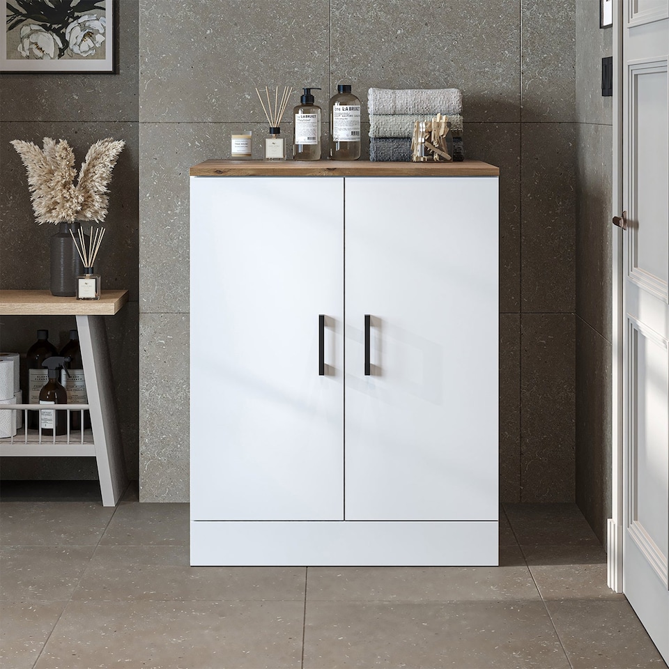 image 1 of Roomart Low Washing Machine Cabinet with Doors White and Oak