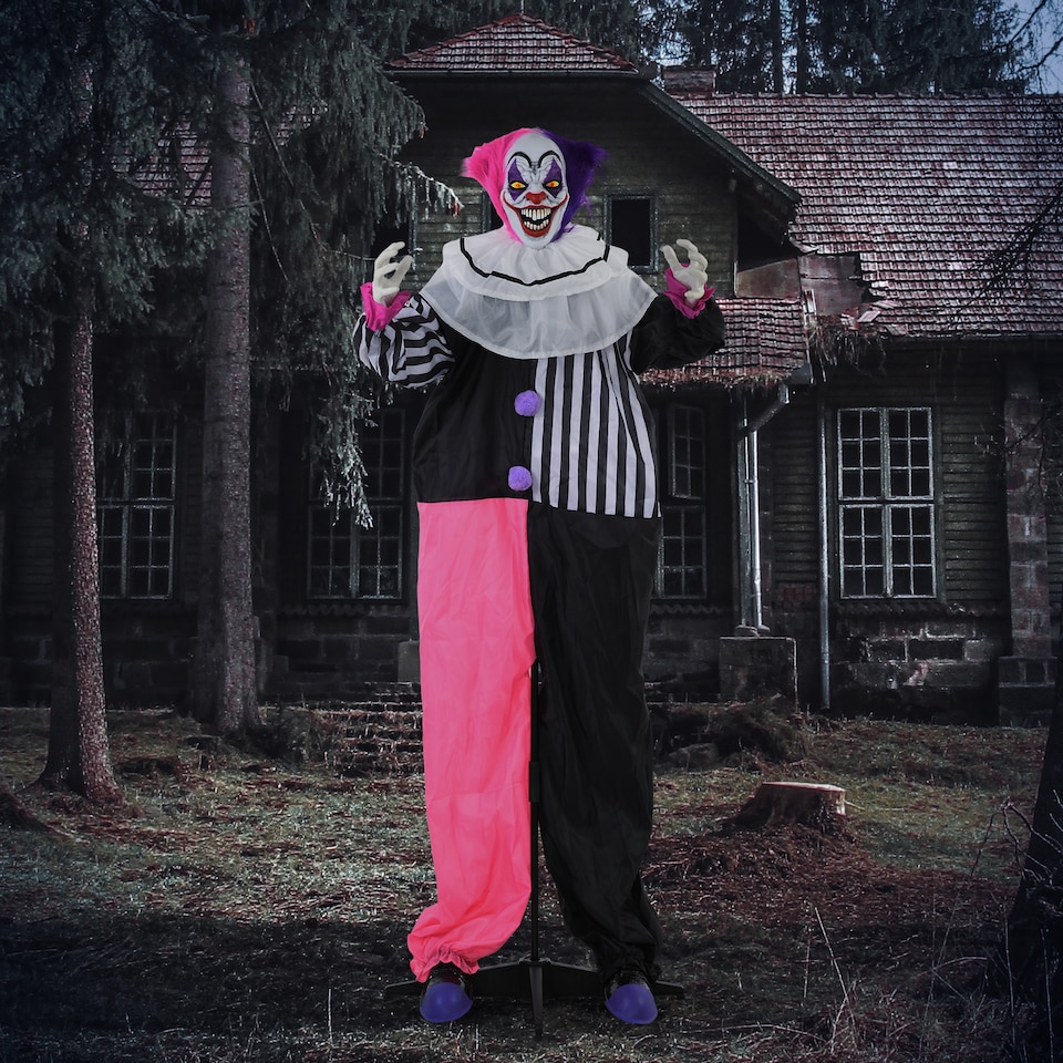 image 1 of HOMCOM 173cm 68 Laughing Clown Outdoor Halloween Decoration, Animated Halloween Prop with Light Up Eyes, Sound Effects, Sound Activated for Haunted House