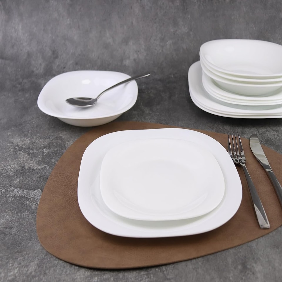 image 1 of White Opal Glass Dinner Set Plates Soup Bowls Dinnerware | White | Hudson Square - 12 Pcs | 12