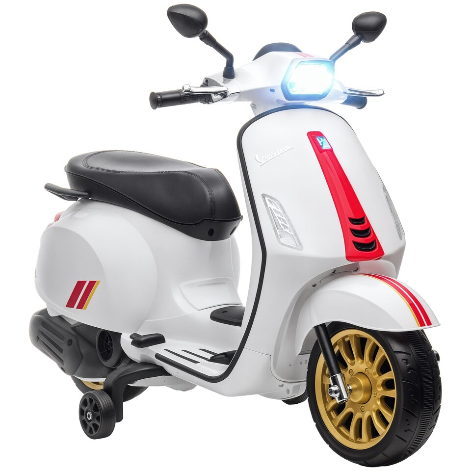 image 1 of AIYAPLAY Vespa Licensed 12V Kids Electric Bike w/ 2 Training Wheels, White
