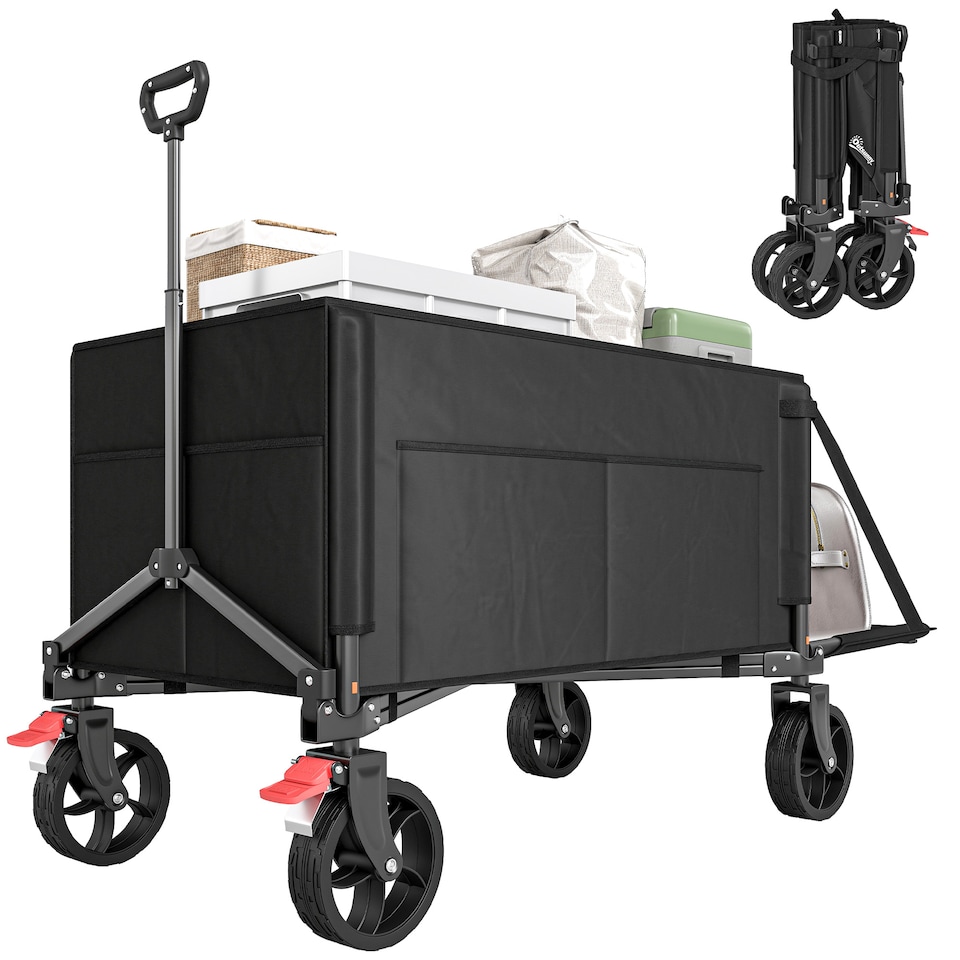 image 1 of Outsunny Folding Trolley on Wheels, Garden Cart with Openable Sides, Black