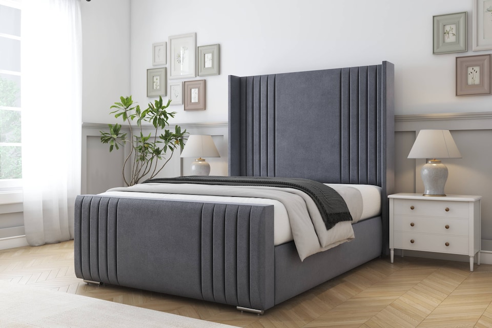 image 1 of Sloomy Camden Steel Plush Bed Frame With Mattress With 50"  Upholstered Wingback Headboard 5' King