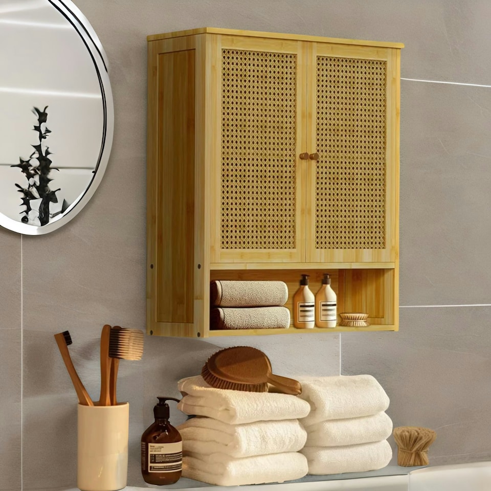 image 1 of Wooden Bathroom Wall-Mounted Storage Cabinet Organiser Natural Brown Brown