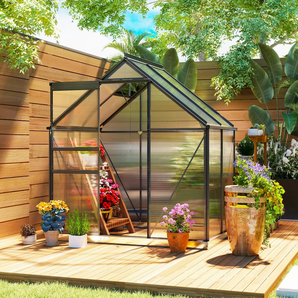 image 1 of Outsunny Polycarbonate Walk-in Garden Greenhouse w/ Sliding Door Grey