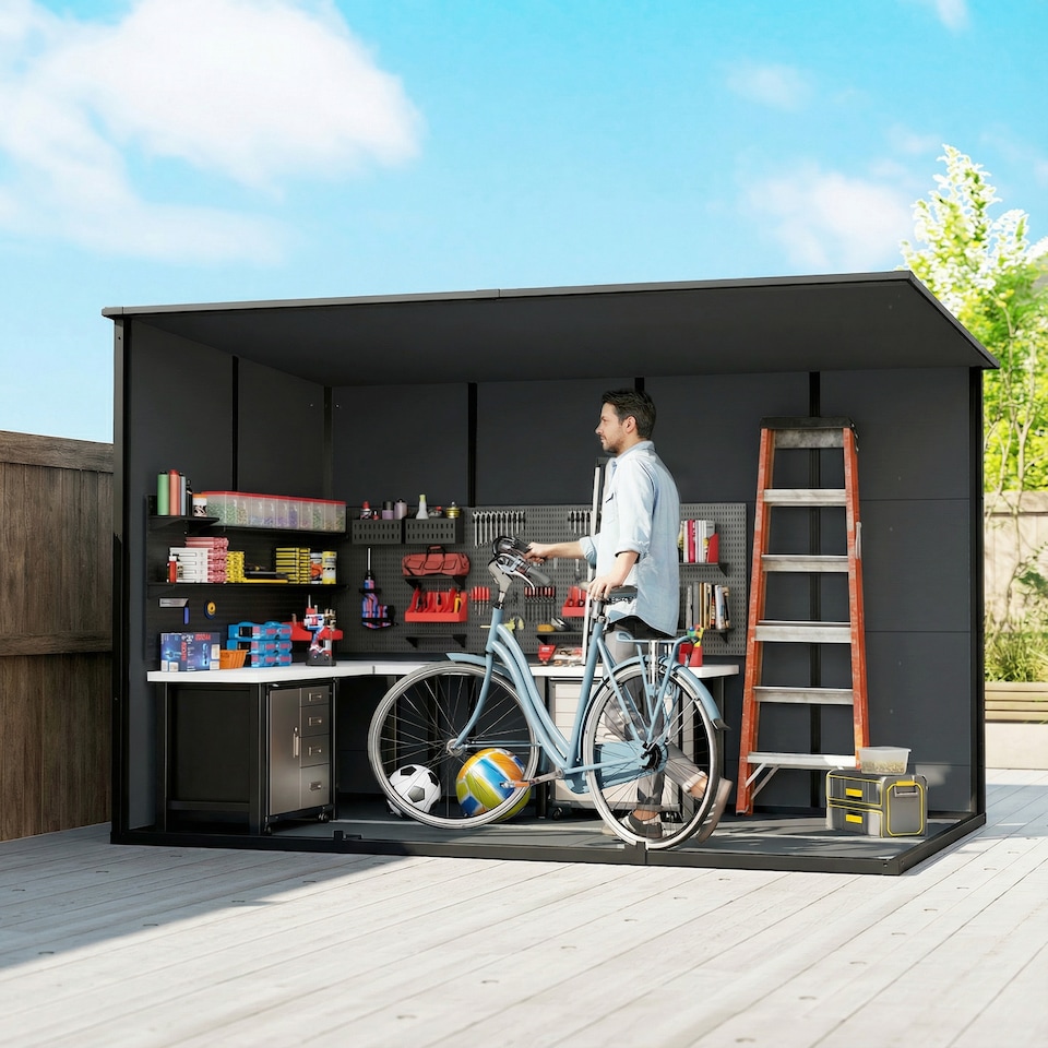 image 1 of Outsunny 10 x 6 ft Plastic Garden Shed with Floor, Lockable Doors, Dark Grey | Grey | Dark Grey