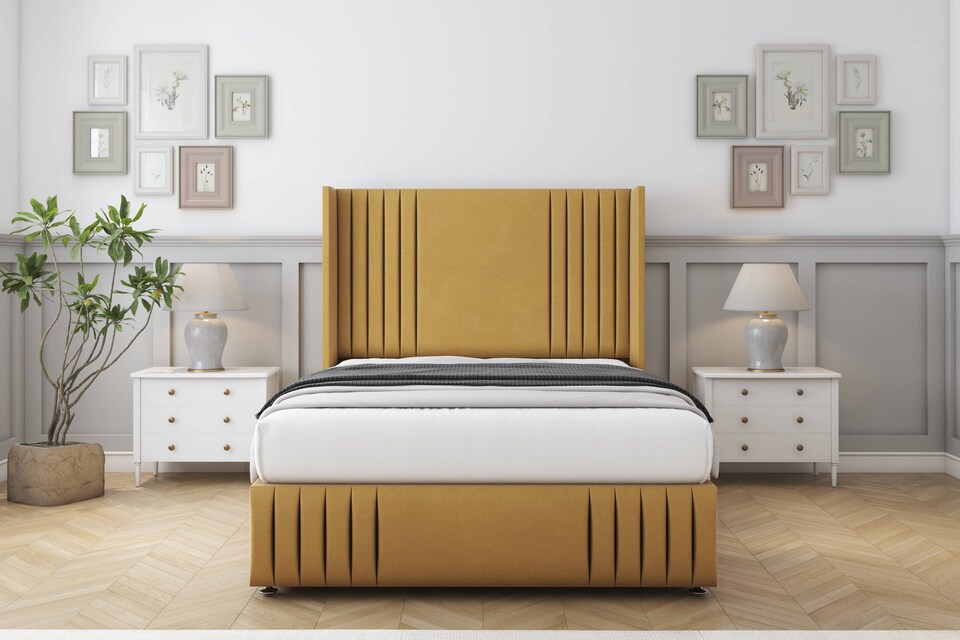 image 1 of Sloomy Camden Mustard Plush Divan Bed Base No Drawers With 54 Inch Wingback Headboard & 12 Inch Matching Footboard | Gold | Mustard | Super King | 1