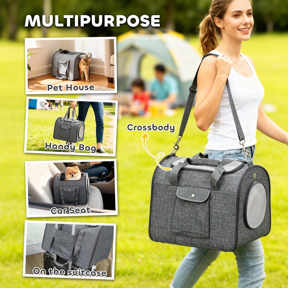 image 1 of PawHut Soft Sided Cat Carrier Bag, Foldable Portable Pet Carrier for Small Dog, Puppy, Cats Up to 10kg, with Adjustable Shoulder Strap & Removable Mat, Collapsible Cat Basket Airline Approved