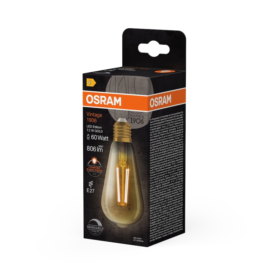 image 1 of Osram Vintage 1906 Edison 60 Filament DIM Lamp 7.2W 824 Gold E27 4 Pack