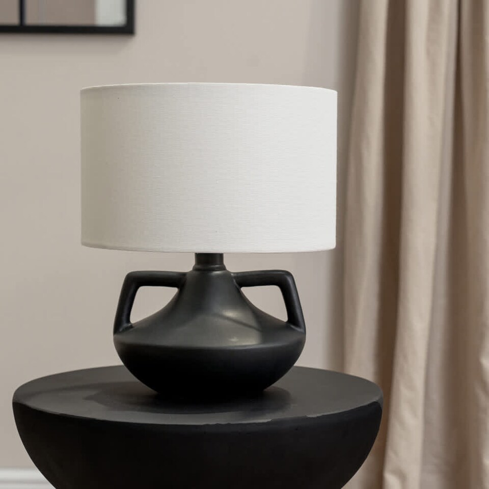 image 1 of ValueLights Zoe Linen Shade Matte Black Ceramic Vase Table Lamp and Bulb
