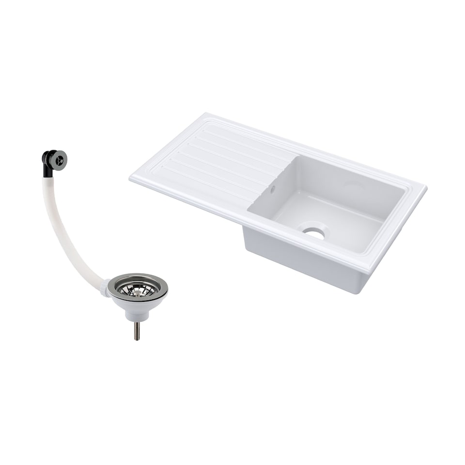 1 Bowl Fireclay Ceramic Inset Sink, Drainer, Nickel Waste 1010mm White | White | White