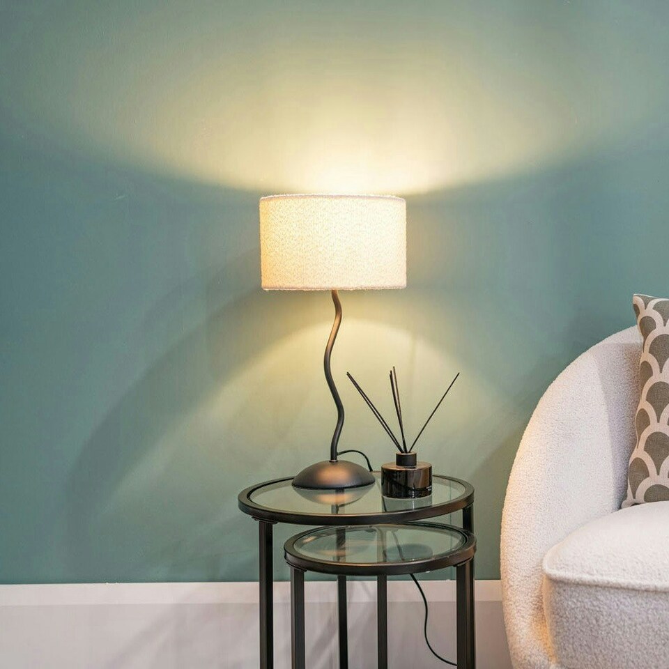 image 1 of ValueLights Black Metal Wavy Single Stem Table Lamp with a Cream Boucle Drum Shade