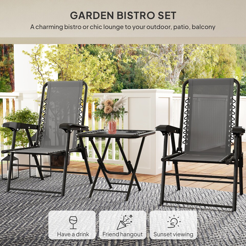 image 1 of Outsunny 3 Pieces Garden Bistro Set, Folding Table and Chairs Set, Metal Garden Furniture Set with Cup Holders for Outdoor, Patio, Balcony, Dark Grey | Grey