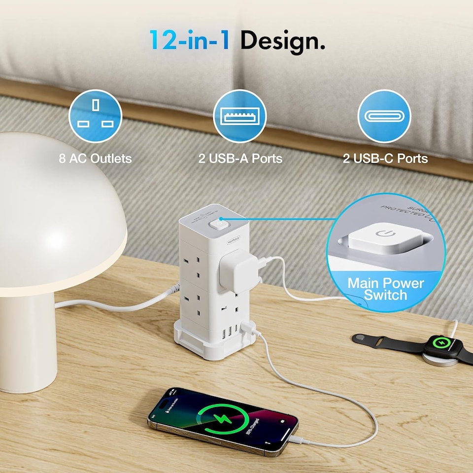 image 1 of VonHaus Tower Extension Lead with 8 Plugs and 2 USB-C Ports