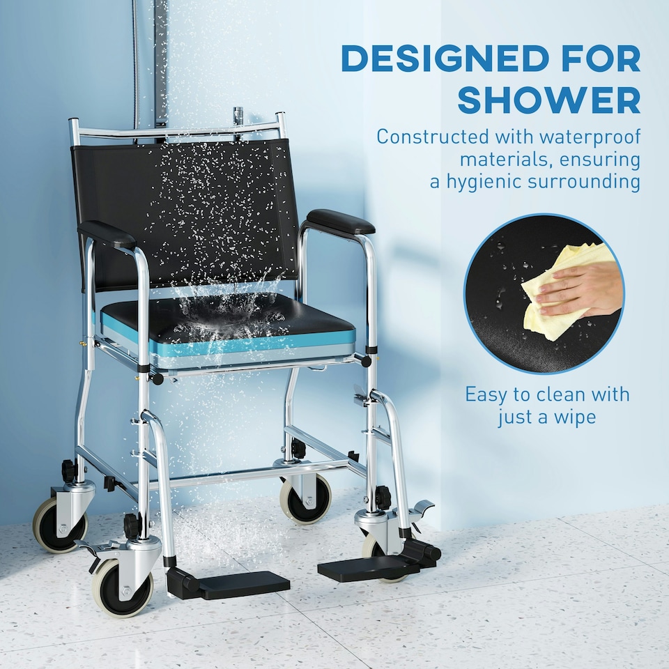 image 1 of HOMCOM Rolling Shower Chair with Wheels, Bedside Commode Wheelchair with Padded Seat, Backrest, for Seniors, Adults, Injured or Disabled, Black