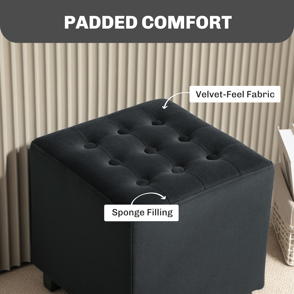 image 1 of HOMCOM Small Footstool Ottoman, Velvet Footrest, Square Foot Stool with Rubber Wood Legs and Padded Seat for Living Room, Bedroom, Entryway, 35 35 35cm, Charcoal Grey | Grey | Dark Grey | 1