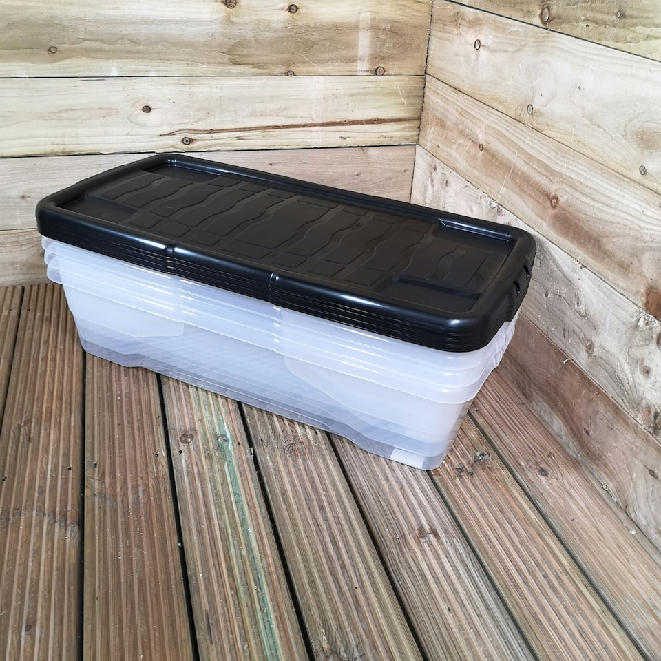 image 1 of 4 x 42L Clear Under Bed Storage Box with Black Lid, Stackable and Nestable Design Storage Solution
