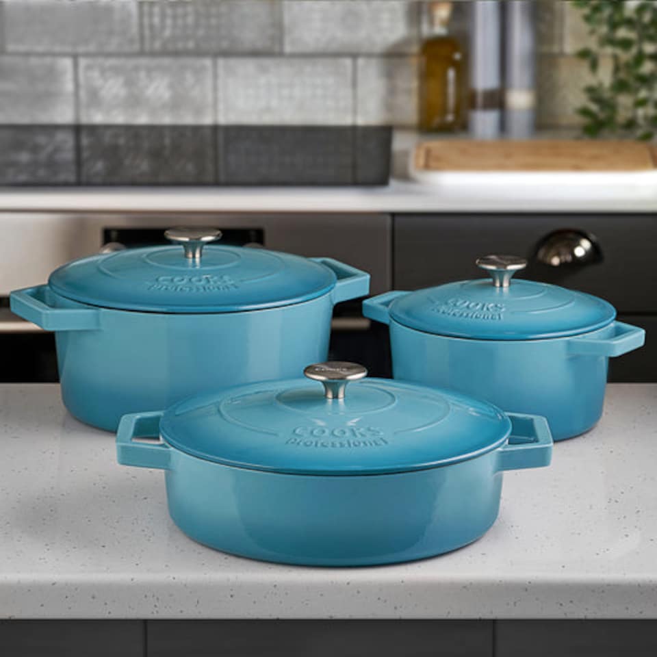 image 1 of Cooks Professional Set of 3 Cast Iron Casserole Dishes 20, 26 & 28cm | Blue | Blue