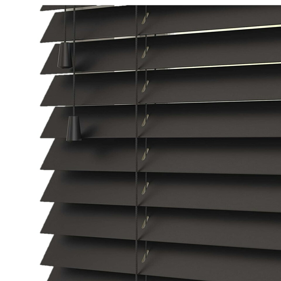 image 1 of 240cm Ink Black Wooden Venetian Blinds With Strings (130cm drop) | Black | Black
