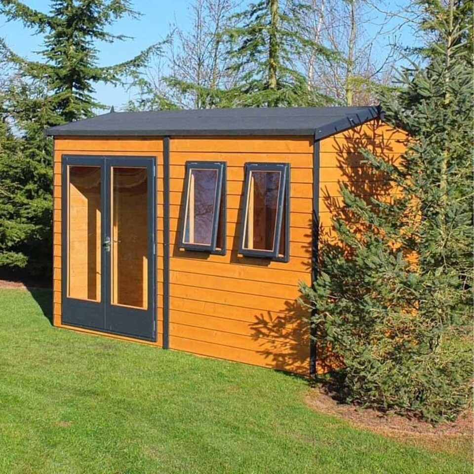 image 1 of Shire 10 x 10 Feet Double Door with Two Opening Windows Dip Treated Garden Studio Summerhouse Brown