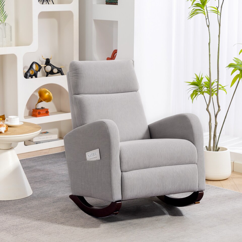 image 1 of HOMCOM Rocking Chair, Corduroy Fabric Upholstered Accent Armchair with Side Pockets & Solid Wood Legs, Modern High Back Leisure Rocker Lounge Chair for Nursery, Living Room, Bedroom, Grey | Grey
