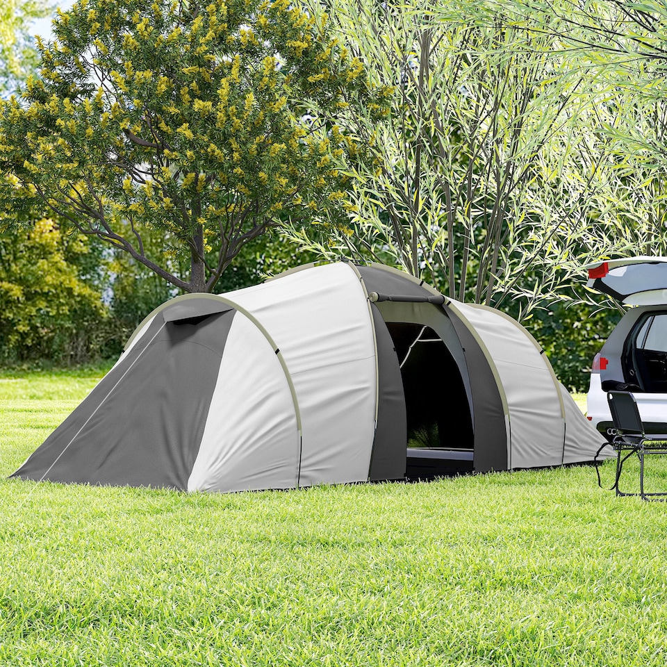image 1 of Outsunny 4-6 Man Tunnel Tent with 2 Bedroom, Living Area and Vestibule, Large Camping Tent with Groundsheet, 2000mm Waterproof, UV50+, Portable Bag, for Fishing Hiking Festival, Grey and Yellow