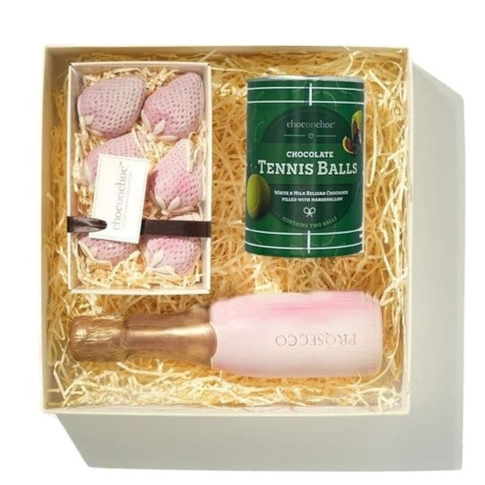 image 1 of Chocolate Tennis Balls, Bottle And Strawberries Gift Box