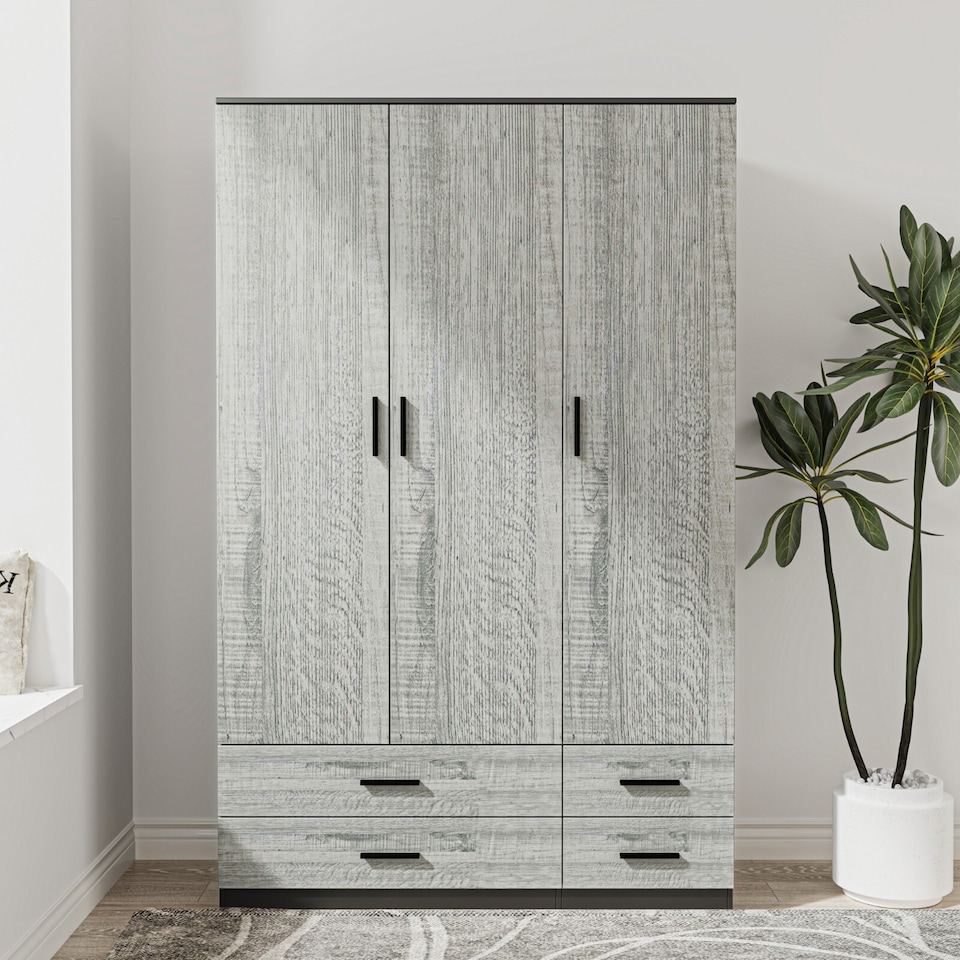 image 1 of 3 Door 4 Drawer Wardrobe With Hanging Rail And Storage Shelf | Black | Black Carcass & Ash Grey Door | 1