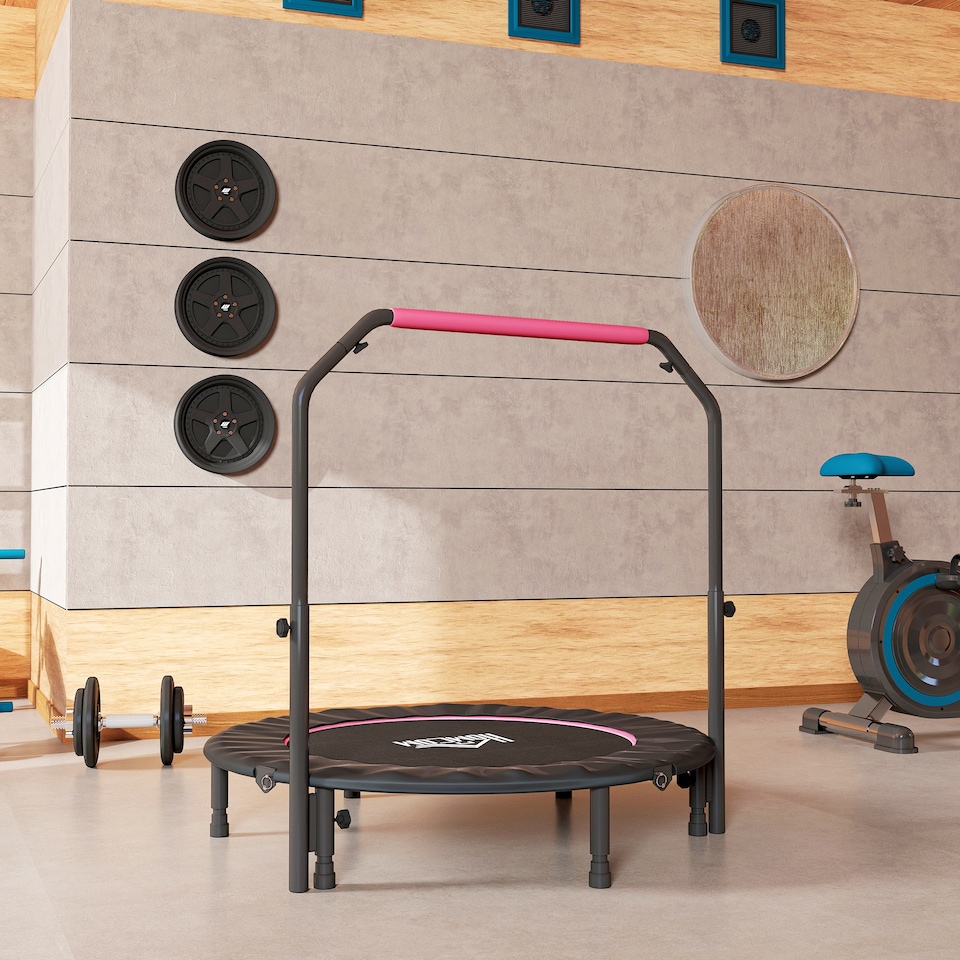 image 1 of HOMCOM 48" Foldable Mini Trampoline Fitness Trampoline Rebounder for Adults with Adjustable Foam Handle, for Indoors, Outdoors, Cardio Training, Pink | Pink