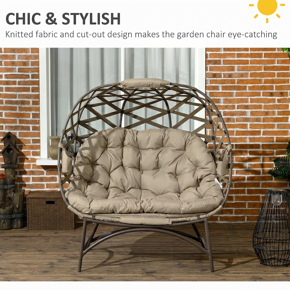 image 1 of Outsunny 2 Seater Egg Chair Outdoor with Cushion, Cup Pockets - Khaki