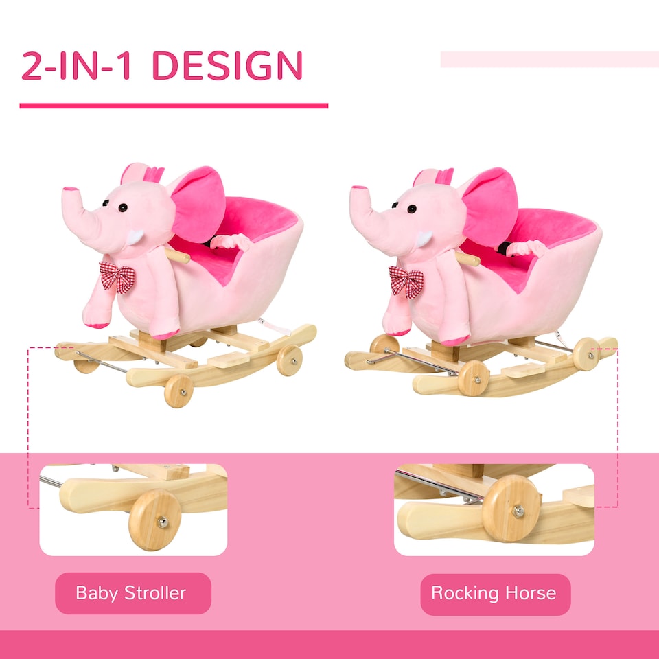 image 1 of HOMCOM 2 In 1 Plush Baby Ride on Rocking Horse Elephant Rocker with Wheels Wooden Toy for Kids 32 Songs for 18 Plus Months (Pink)