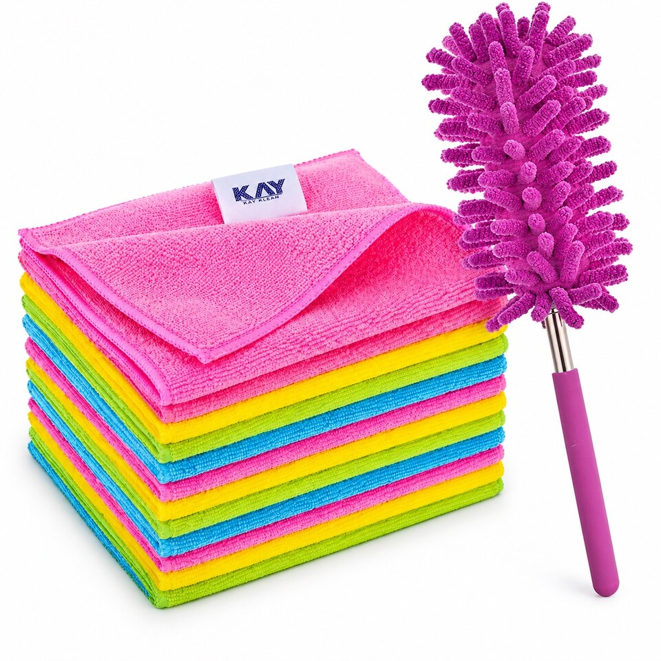 image 1 of KAV Microfibre Cleaning Cloths & Extendable Telescopic Duster Set - 12 Pack Ultra Absorbent Lint Free Reusable Cleaning Towels with Soft Microfiber Feather Duster for Everyday Household Cleaning