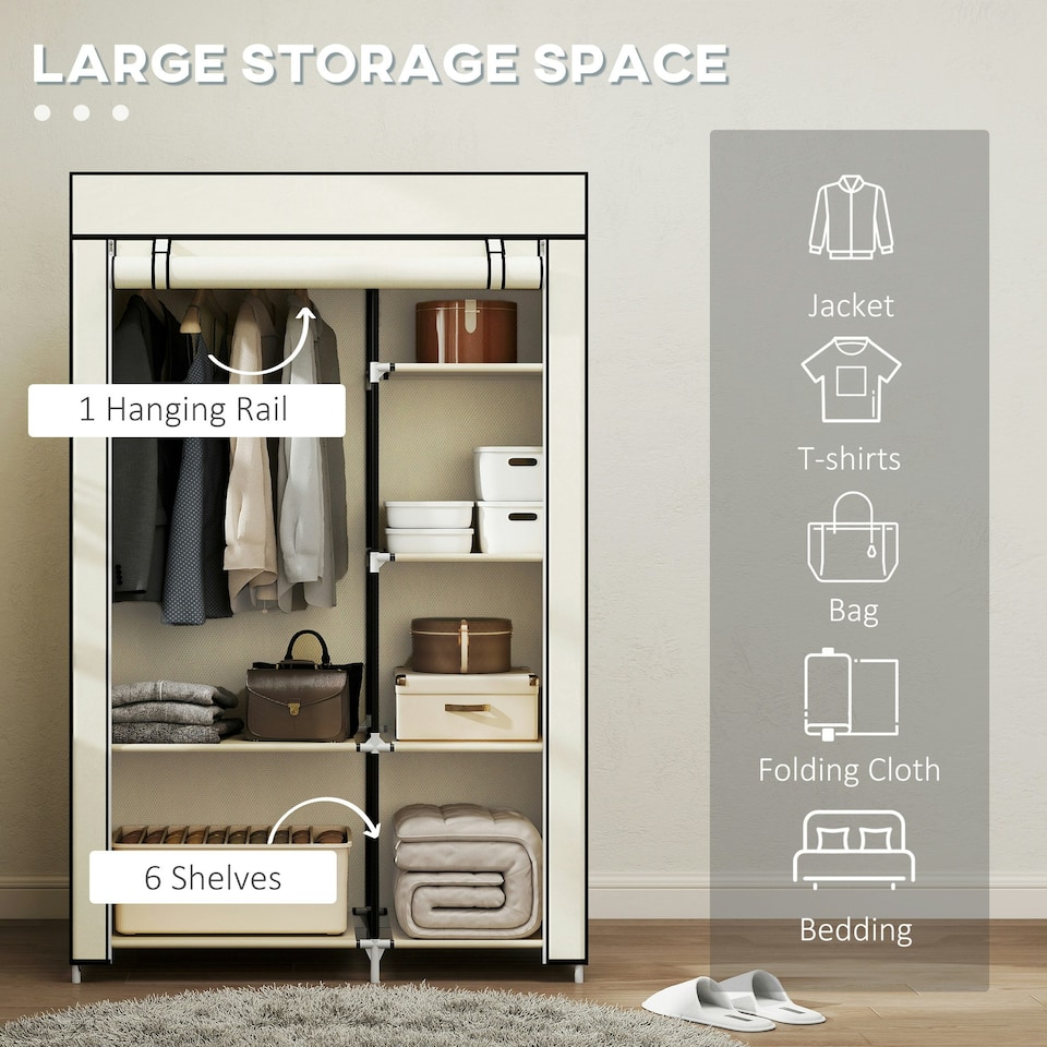 image 1 of HOMCOM Fabric Wardrobe w/ Shelves Hanging Rail Foldable Closets Cream Cream