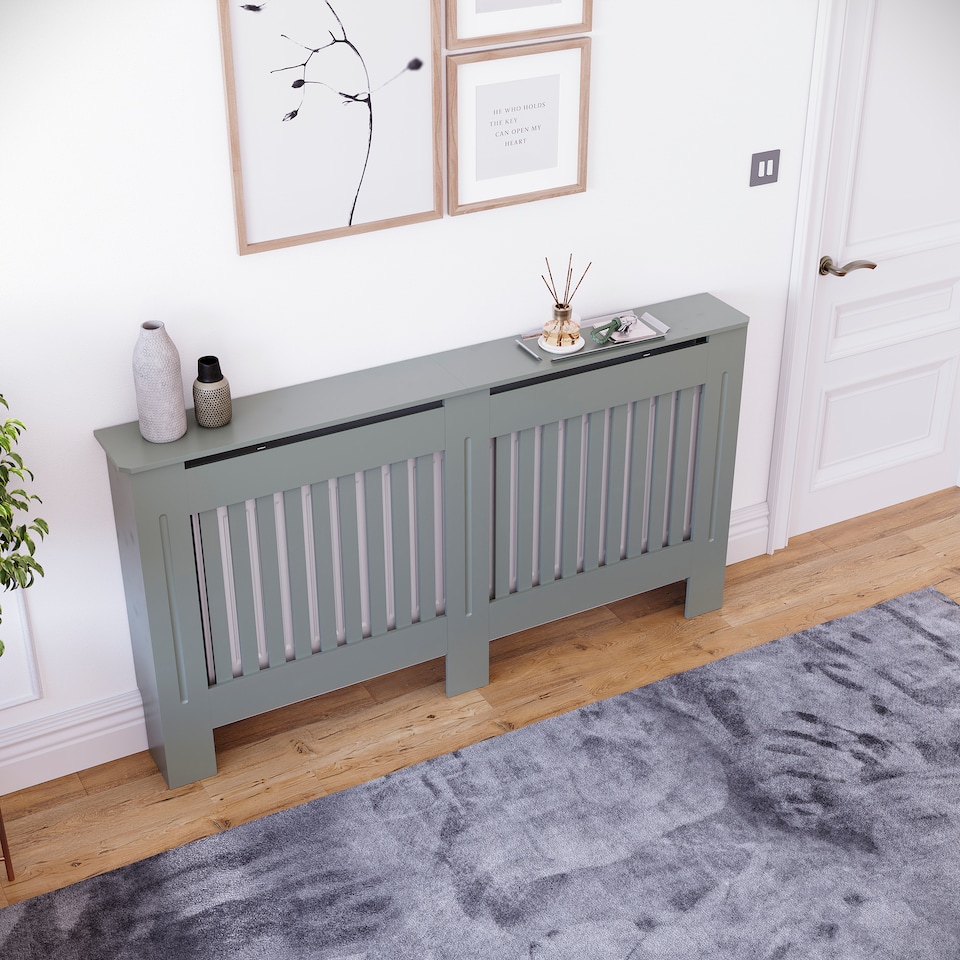 image 1 of Vida Designs Chelsea Radiator Cover Painted MDF Slatted Cabinet, Grey, 152cm