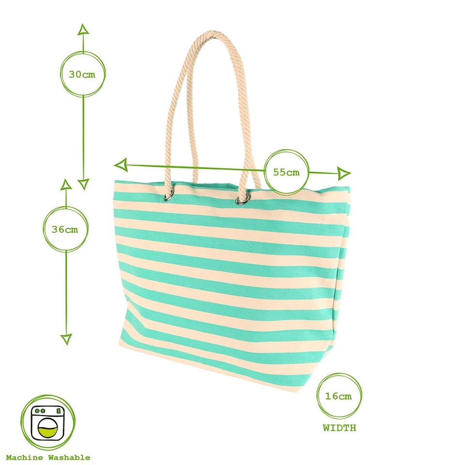 image 1 of Nicola Spring Large Striped Canvas Tote Beach Bag - 55cm x 36cm - Seafoam | Green | Seafoam