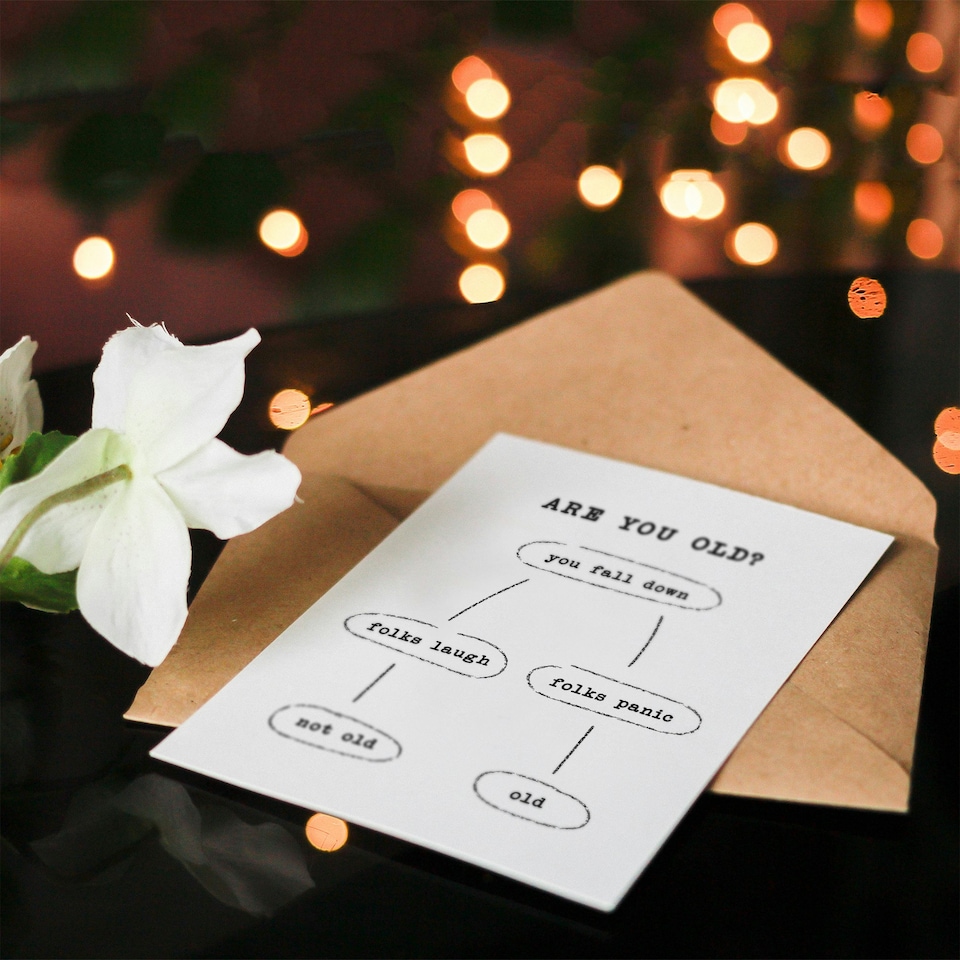image 1 of Are You Old Fall Down Reaction Flow Chart Funny Birthday Card